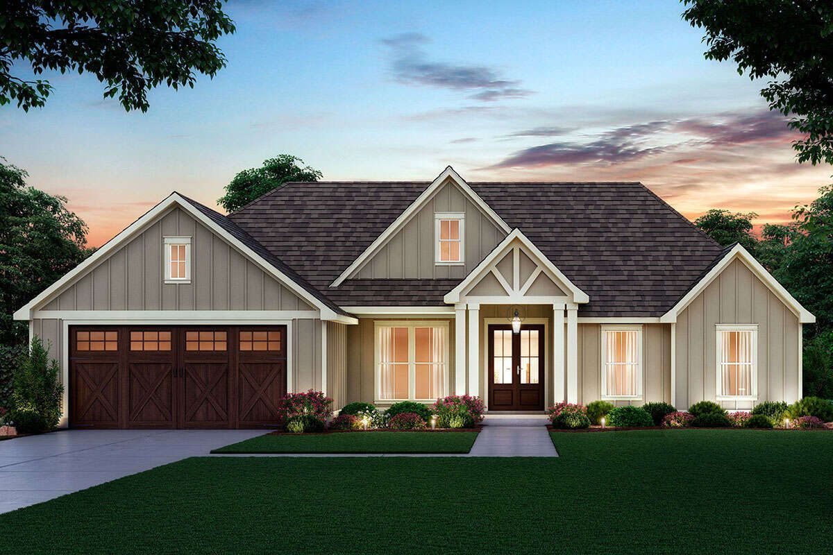 An artist 's impression of a house with a large garage