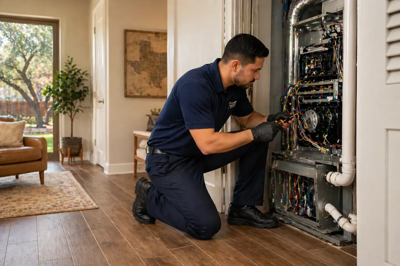 HVAC technician fixing furnace unit inside Pflugerville home
