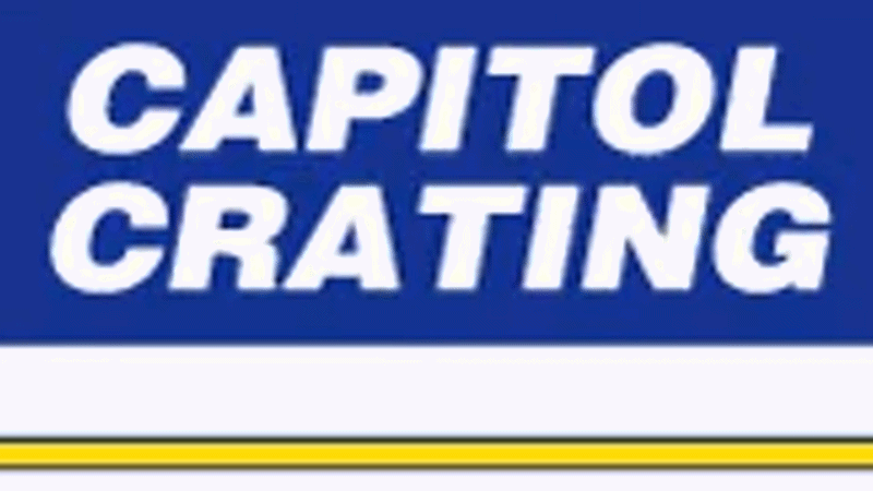 Logo of Capitol Crating: blue background, white text.  