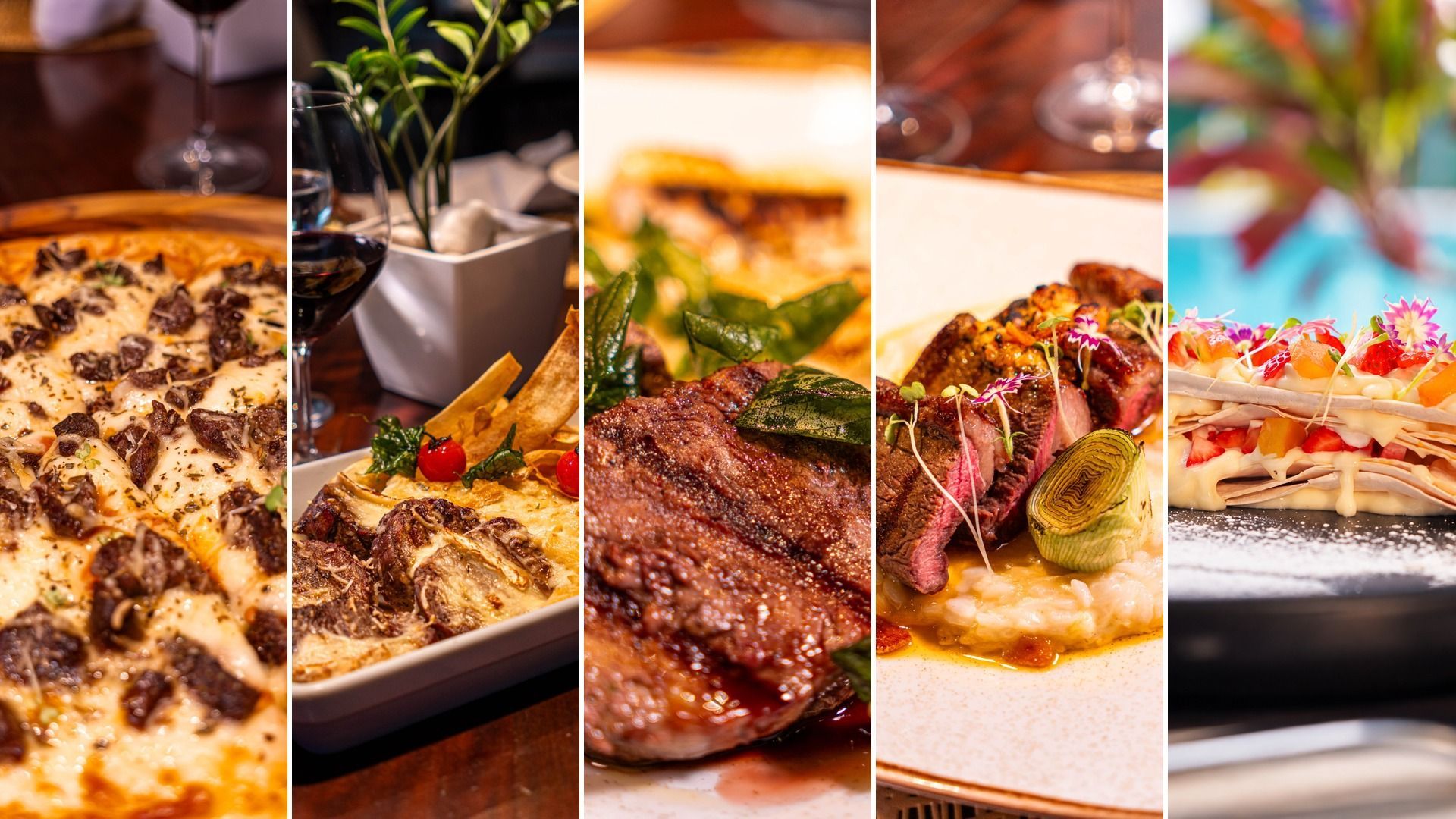 Colagem de cinco painéis com pratos gourmet: pizza, pratos empratados, bife e sobremesa em elegantes louças de restaurante
