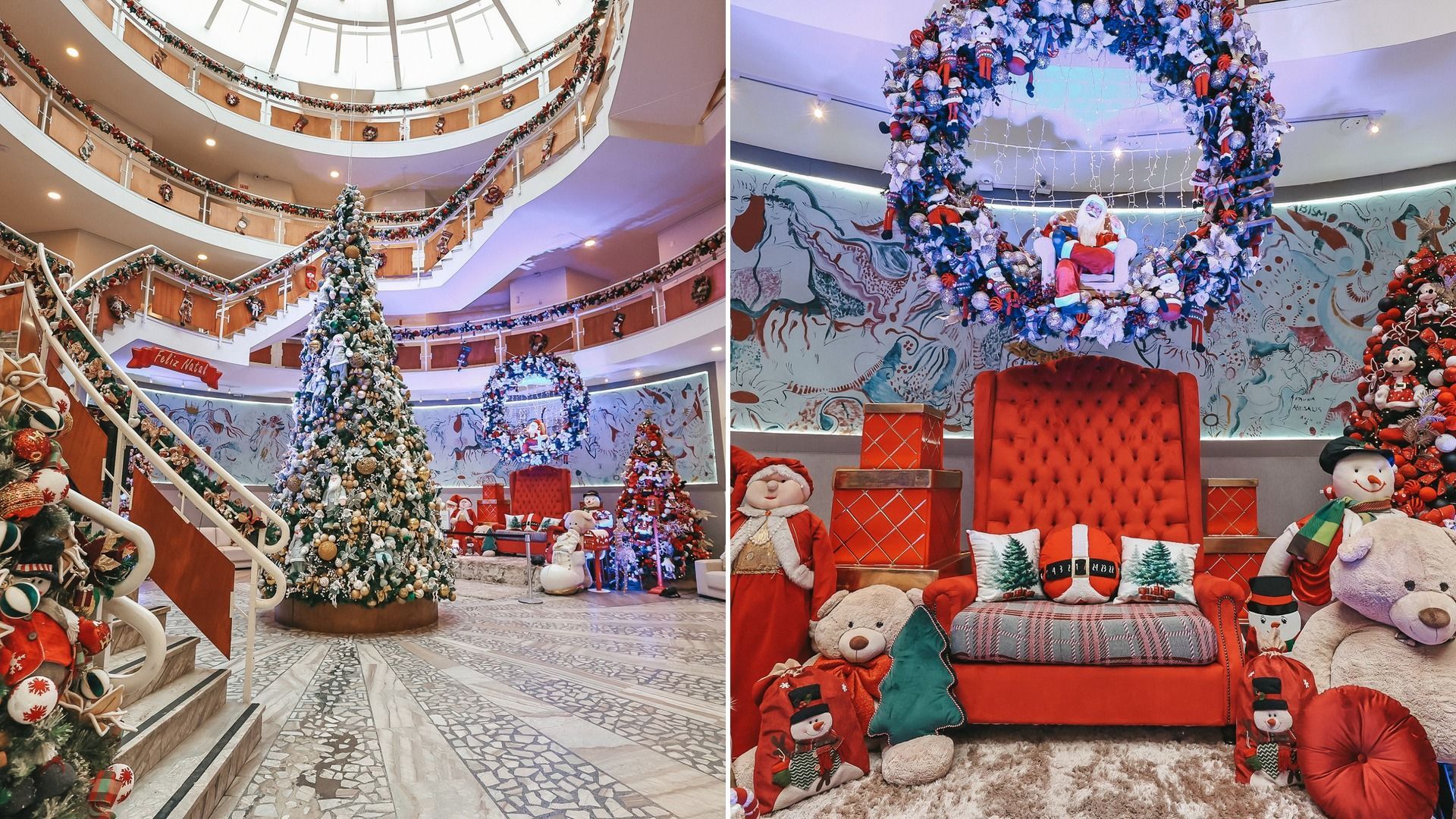 Decoração natalícia festiva num centro comercial, com árvores de Natal, grinaldas e cadeiras do Pai Natal sob um átrio decorado.