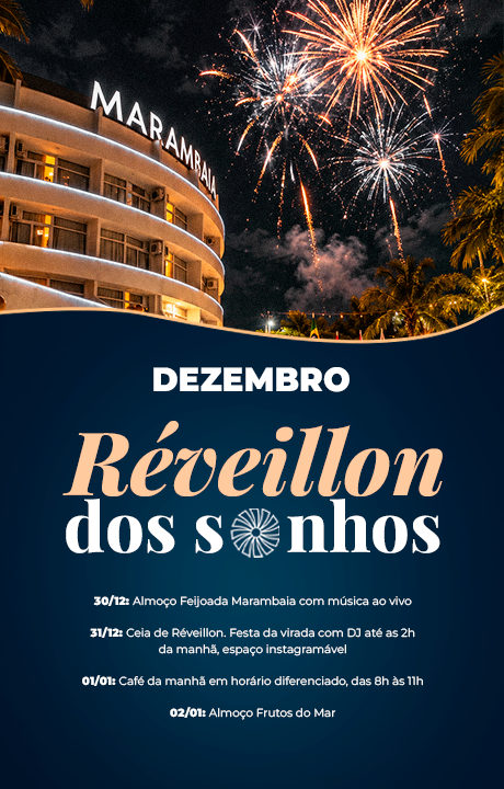 Cartaz de Réveillon em dezembro com fogos de artifício, hotel e o texto “Réveillon dos sonhos” sobre um fundo azul.