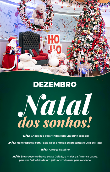 Decoração de Natal com árvore enfeitada, Pai Natal e o texto “Dezembro, o Natal dos sonhos!”