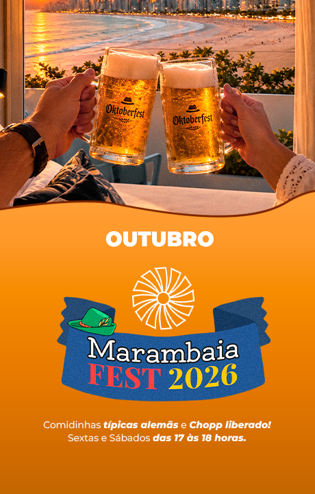Duas pessoas brindam com cerveja ao pôr do sol; um cartaz laranja anuncia o Marambaia Fest 2026 em outubro.
