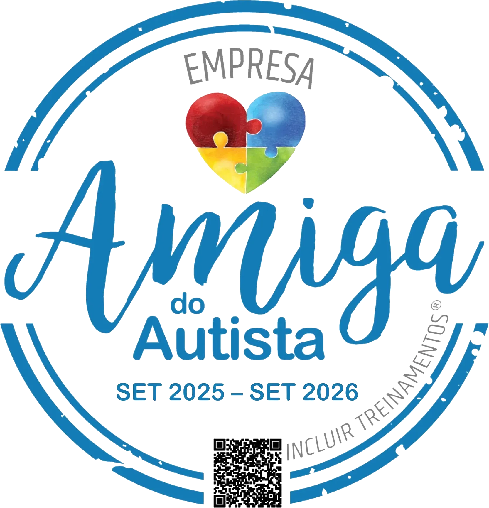Logo circular azul “Empresa Amiga do Autista” com coração-puzzle e texto “Set 2025 – Set 2026”.