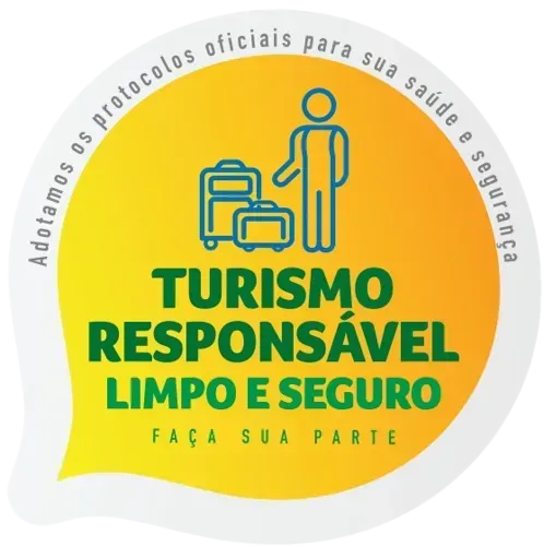 Logo circular amarelo e branco com ícone de viajante e malas; texto “Turismo responsável, limpo e seguro”.