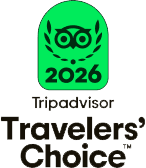 Logotipo do prêmio Travelers' Choice do TripAdvisor 2025 com ícone de coruja e coroas de louros.