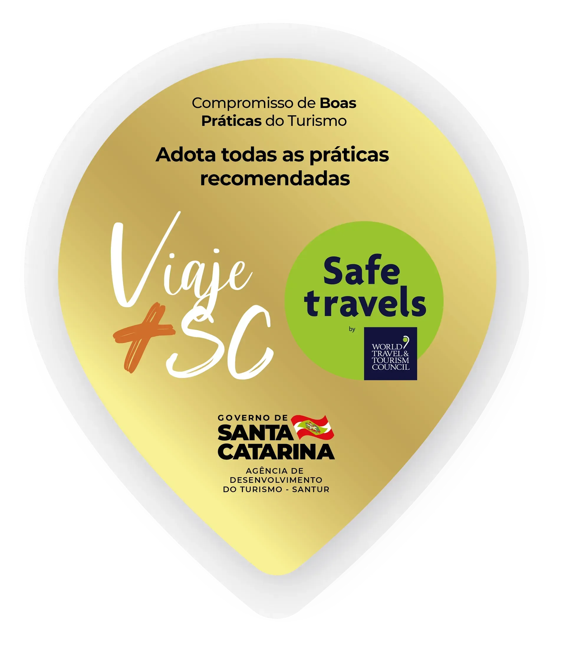 Cartaz em formato de pin amarelo com textos “Viaje SC”, “Safe travels” e “Santa Catarina”.