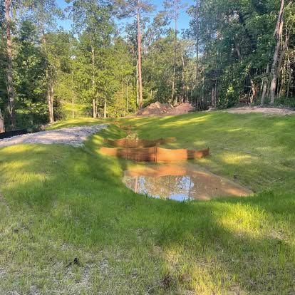 Wooded landscape with a small muddy pond and grassy banks in warm sunlight