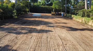 Sunlit dirt road under construction, bordered by trees and greenery