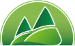 Logo circolare verde con bordo bianco e cime montuose verdi stilizzate.