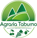 Logo di Agraria Taburno con colline verdi, montagne e icone di frutta su sfondo bianco.