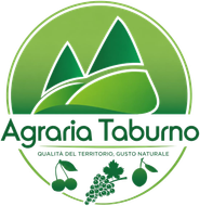 Logo di Agraria Taburno con colline verdi, montagne e icone di frutta su sfondo bianco.