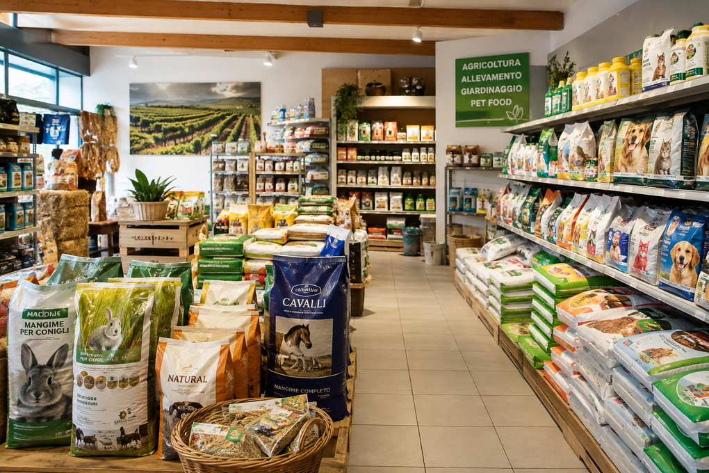 Corridoio di un supermercato con scaffali di alimenti confezionati e cesti di prodotti freschi sotto una luce calda