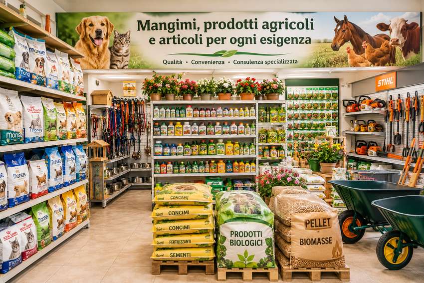Corridoio di un negozio di articoli per animali e prodotti agricoli con sacchi di cibo per cani, scaffali e un espositore a carriola.