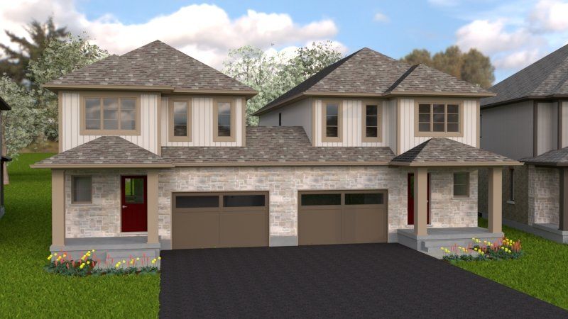 A computer generated image of a house with two garages.