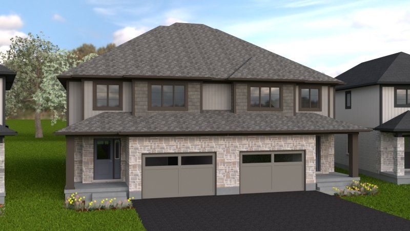 A computer generated image of a house with two garages.