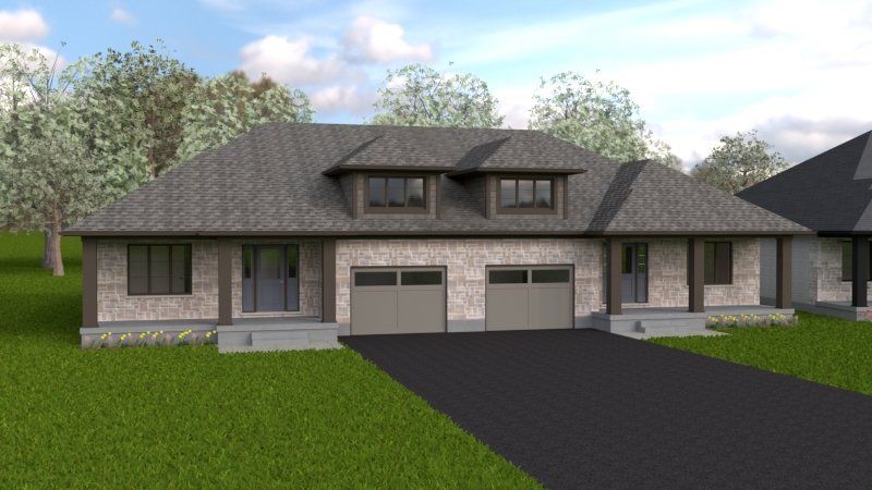 A computer generated image of a house with two garages.