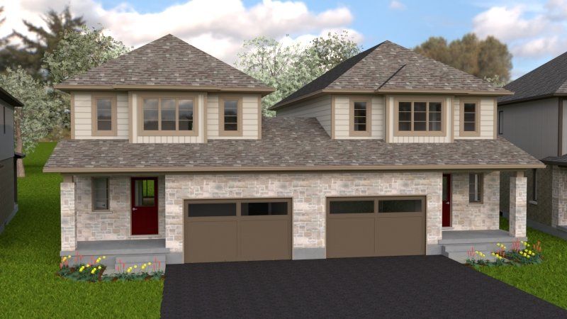 A computer generated image of a house with two garages.