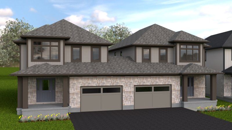 A computer generated image of a house with two garages.