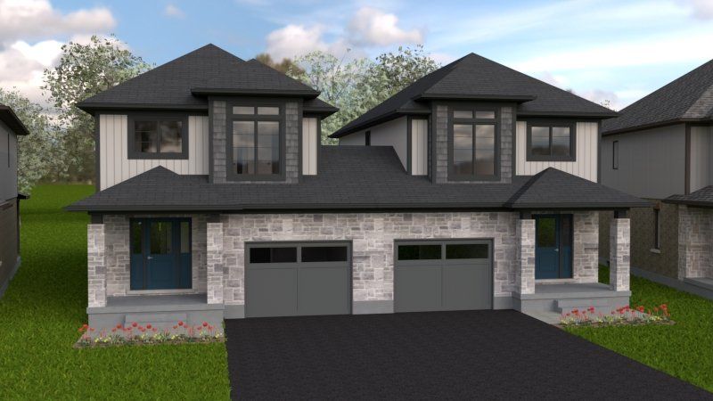 A computer generated image of a house with two garages.