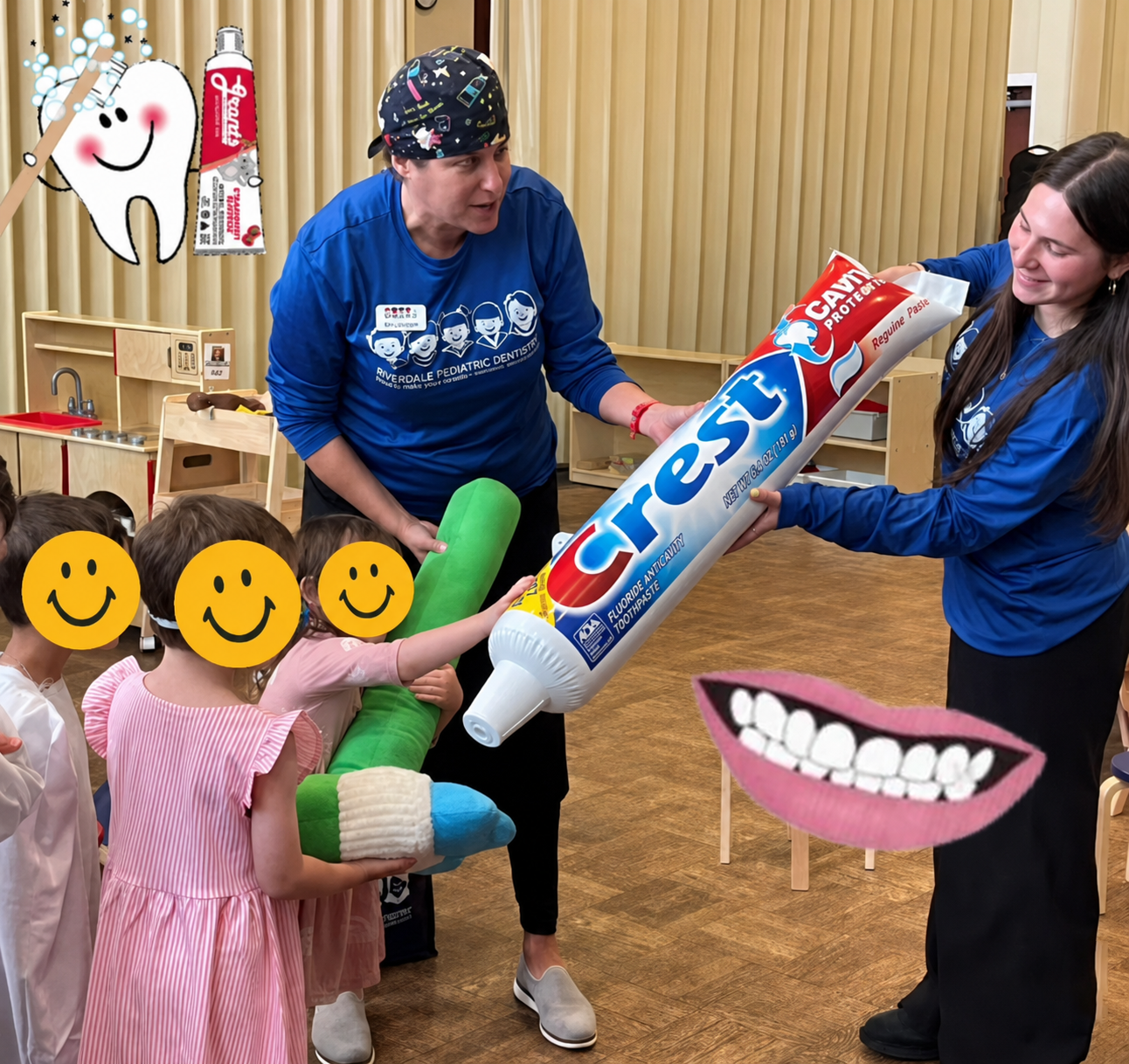 Two kids smiling in an indoor office - Riverdale Pediatric Dentistry