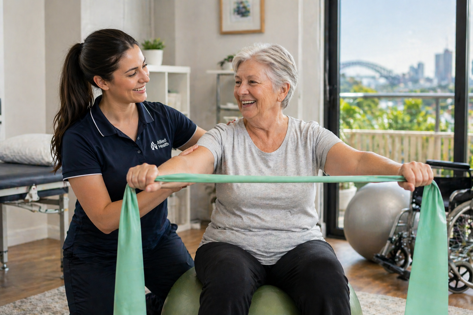 Physical therapist helping a patient do resistance band exercise in a bright clinic room