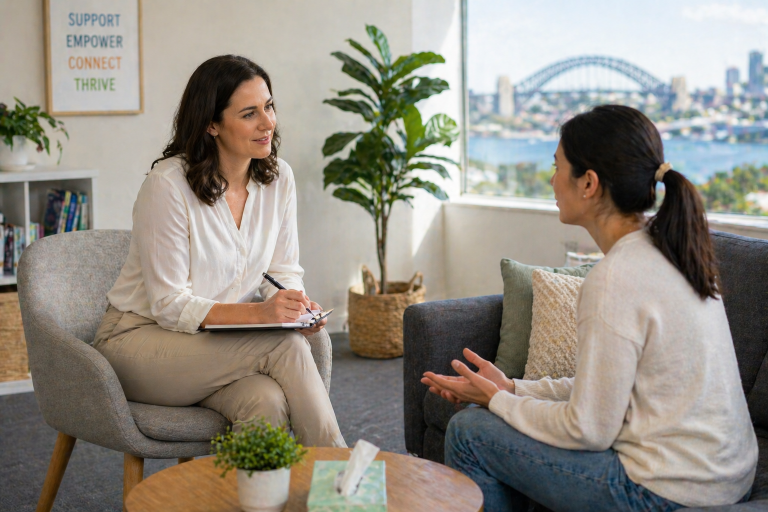 Two people talk in a bright office lounge with a city bridge visible through the window.