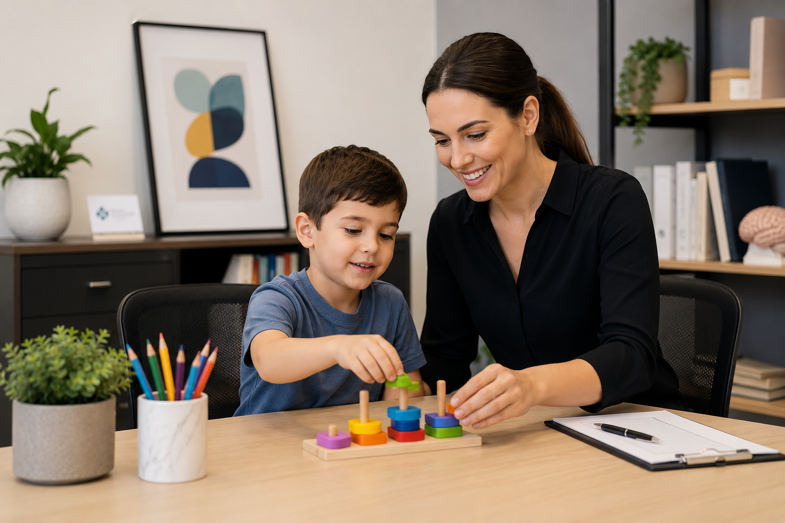 A woman and child playing a color-matching puzzle at a table in a cozy home office