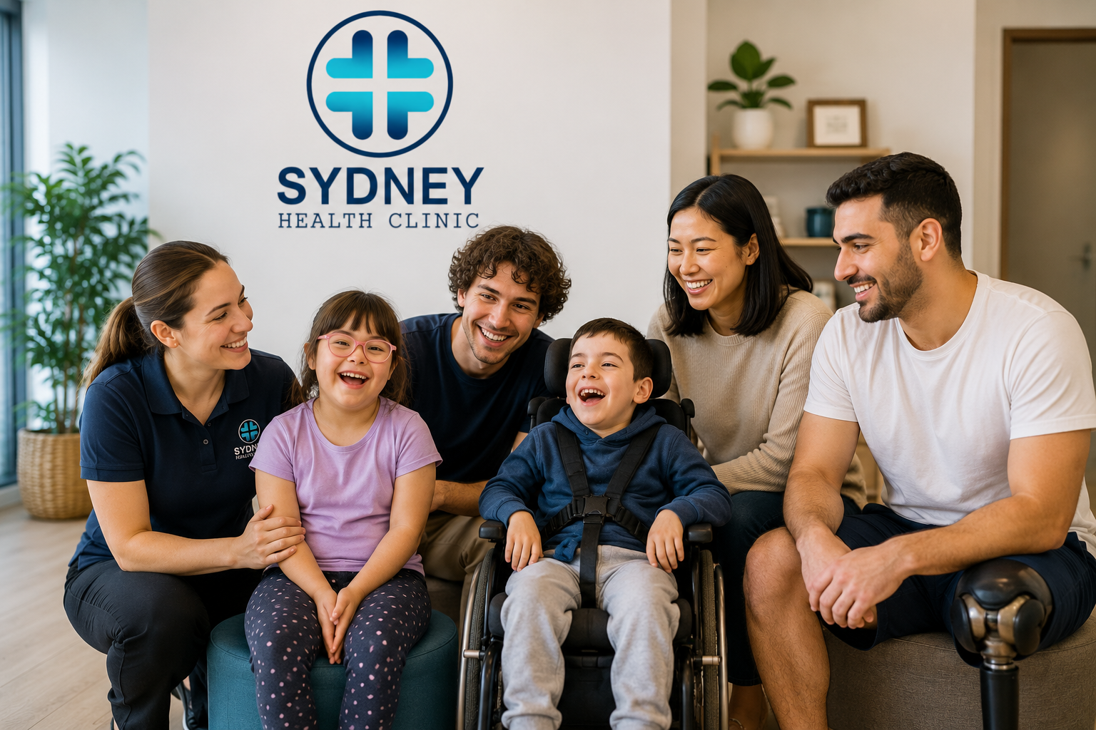 Sydney Health Clinic staff smiling with a family in a bright waiting room