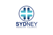 Sydney Health Clinic logo with blue cross icon and text on white background