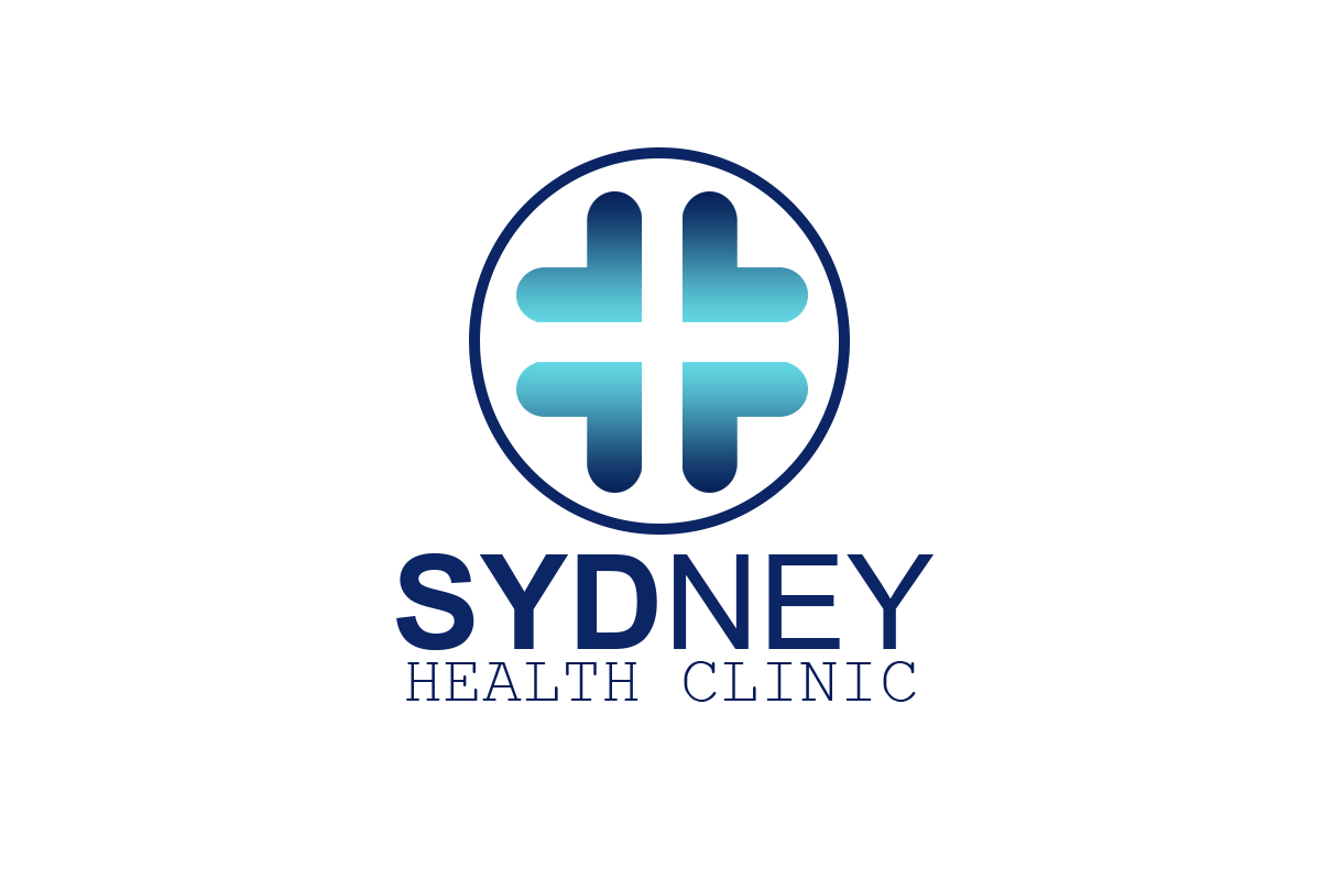 Sydney Health Clinic logo with blue cross icon and text on white background