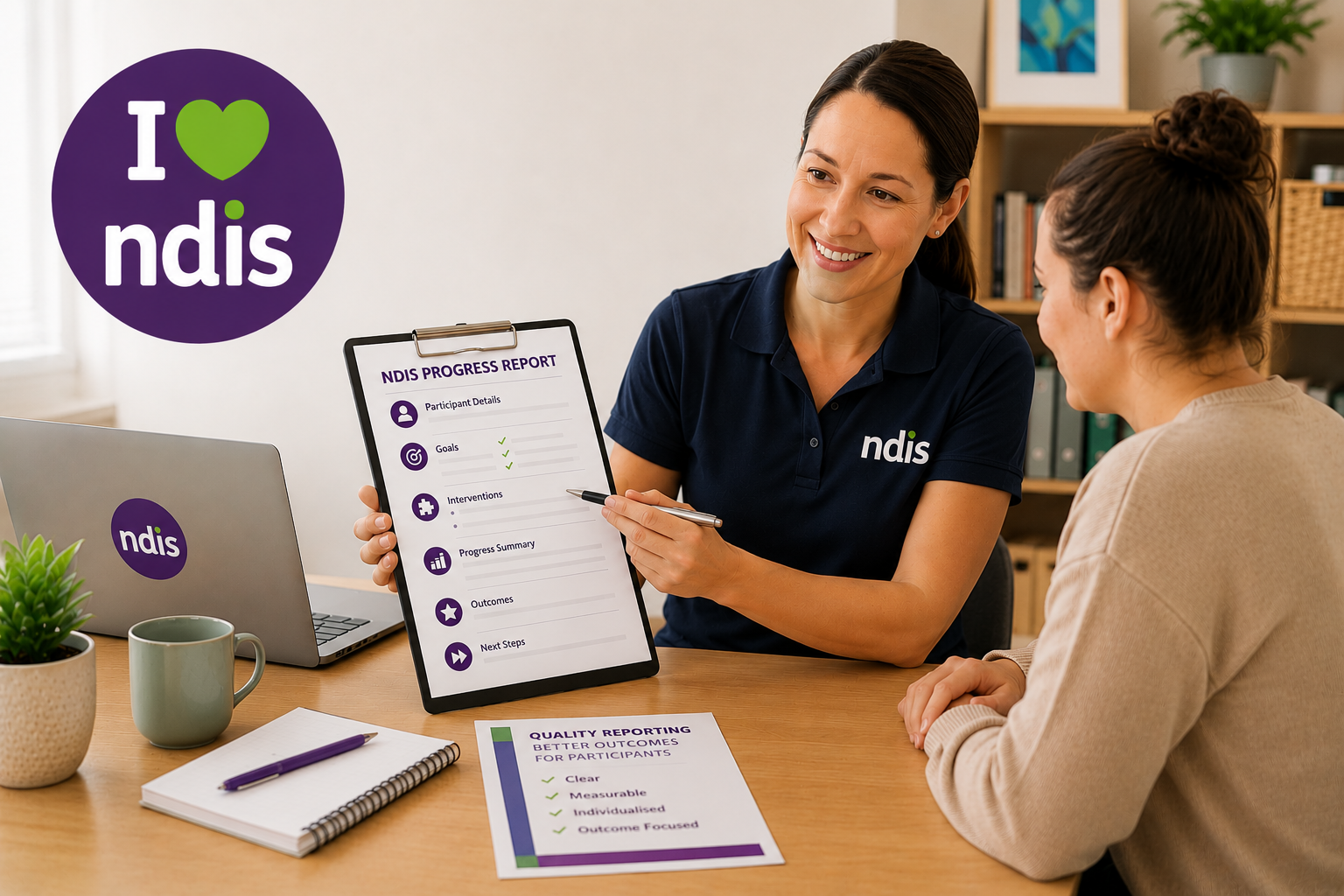 Two women talking at a desk with an NDIS report brochure and laptop in a bright office