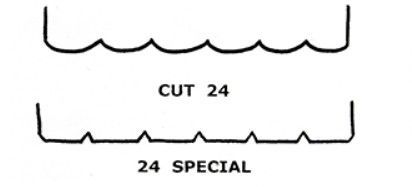 Two black line pattern shapes labeled “CUT 24” and “24 SPECIAL” on a white background Two black line pattern shapes labeled “CUT 24” and “24 SPECIAL” on a white background
