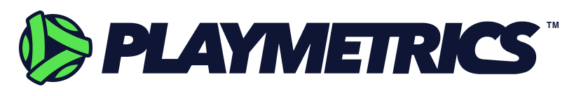 PlayMetrics logo: green and dark blue text, green circular emblem with ribbon-like shapes.