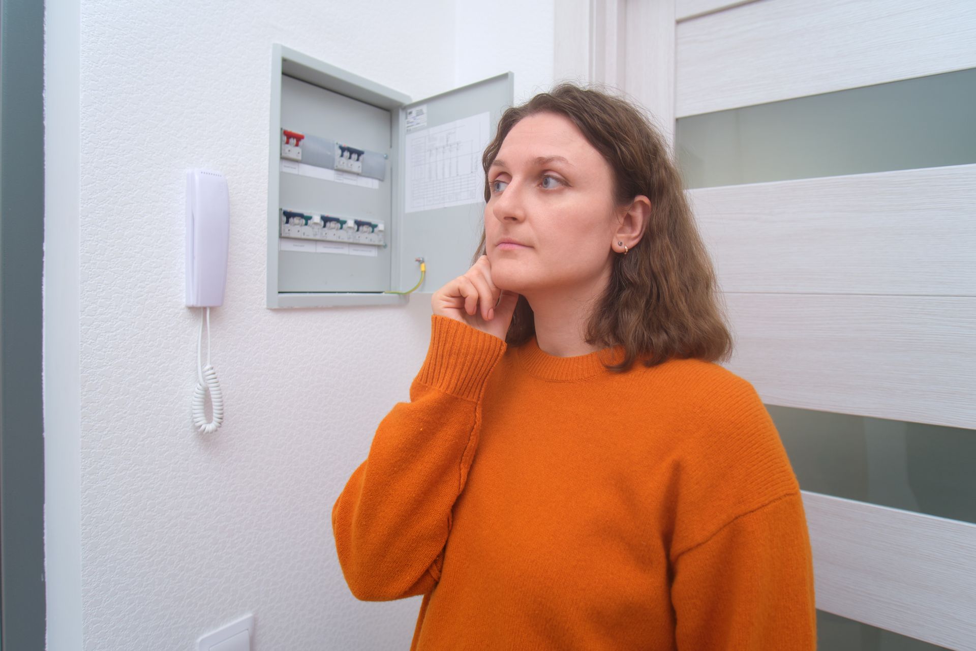 A woman looking at an electrical panel at home.