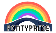 A logo for torfaen pride with a rainbow in the middle