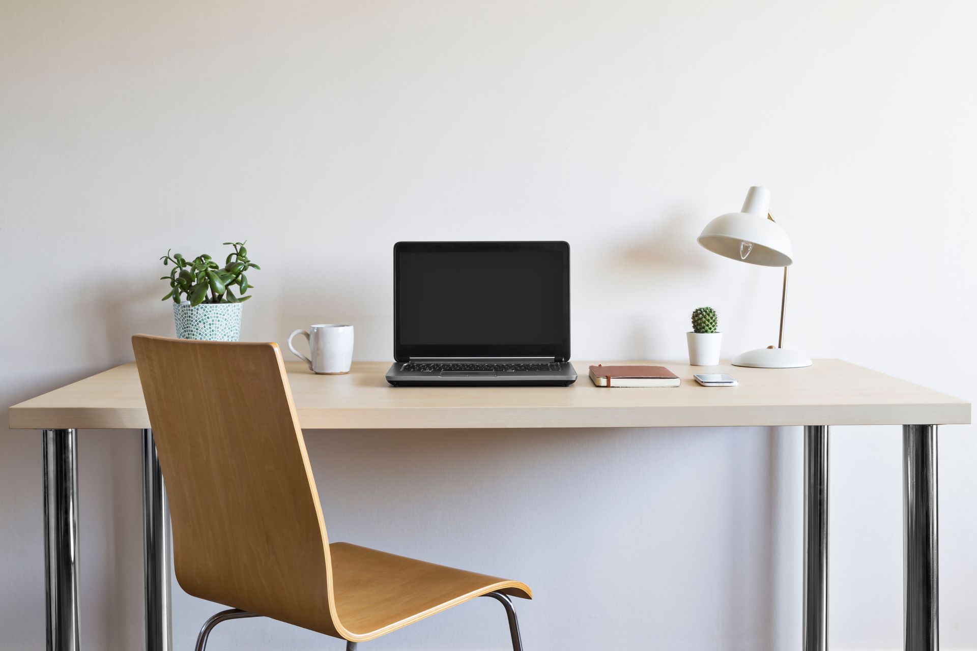 Desk, chair, laptop, potted plant, coffee cup, and lamp.
