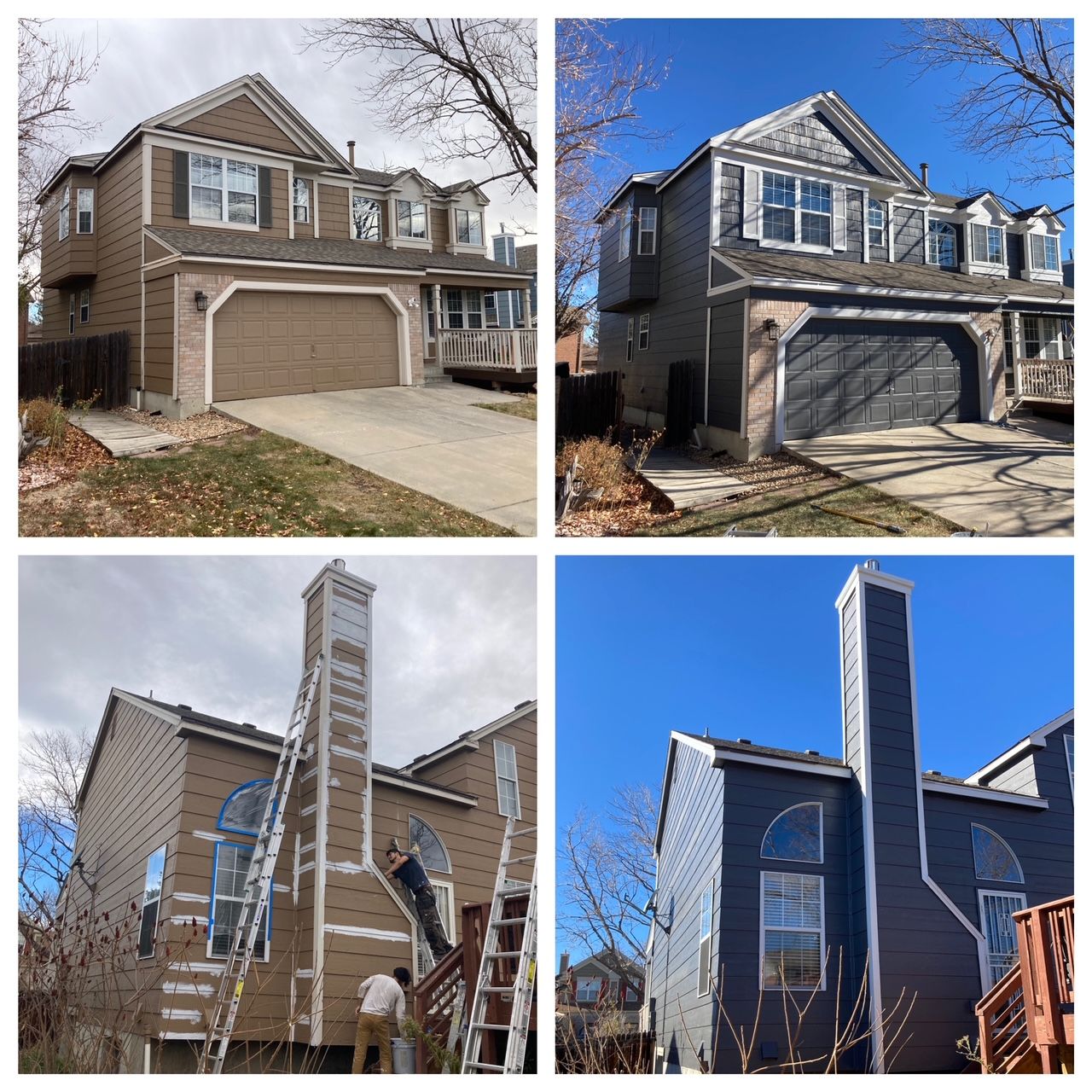 Two-story house undergoing exterior painting; before and after views. Two workers on a ladder paint a chimney.