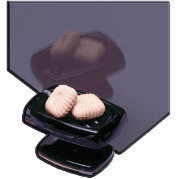 Black desk organizer with two pale seashells on a mirrored surface against a purple background