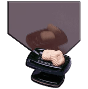 Black display stand with a beige spiral object under a translucent brown cover on a gray background