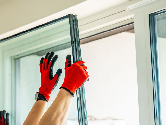 Hands in red gloves installing a glass window pane in a frame