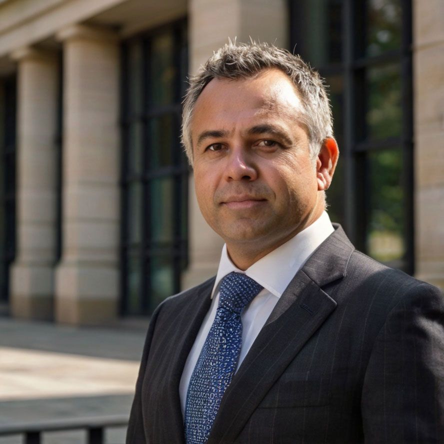 A man in a suit and tie is standing in front of a building