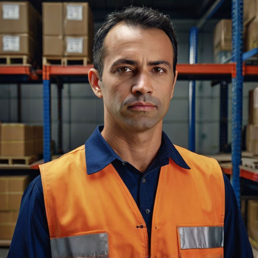 A man wearing an orange vest is standing in a warehouse