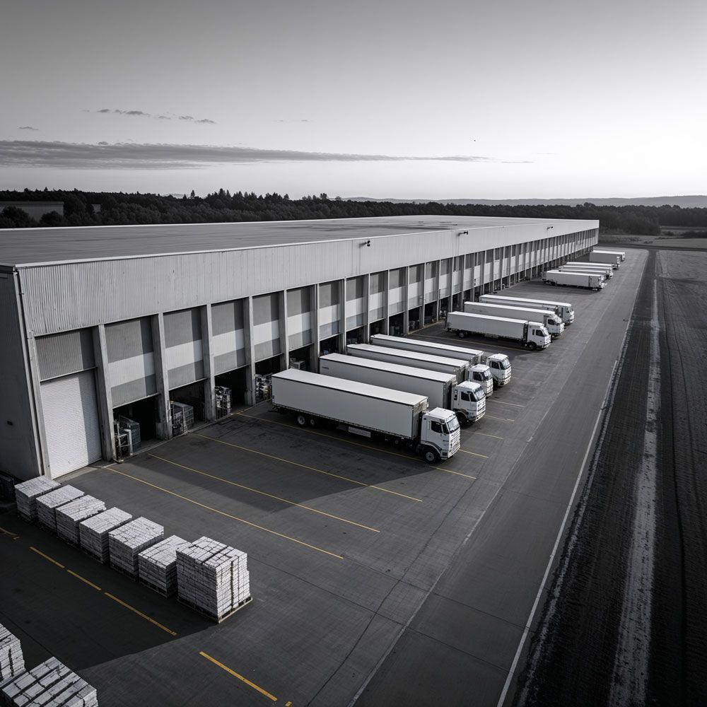 Large distribution warehouse with several semi-trucks parked at loading docks during dawn or dusk.