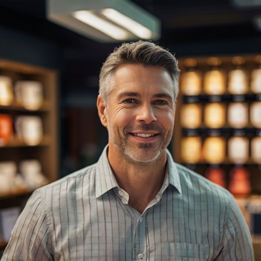 A man smiling, standing in a brightly lit room.