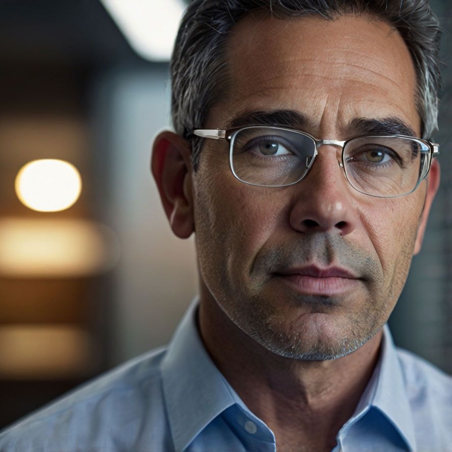 A man wearing glasses and a blue shirt