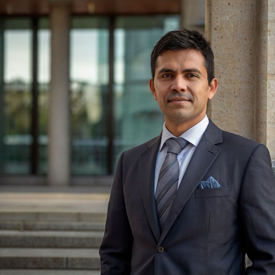 A man wearing a suit and tie stands in front of a sleek building, representing a professional image in an urban setting.