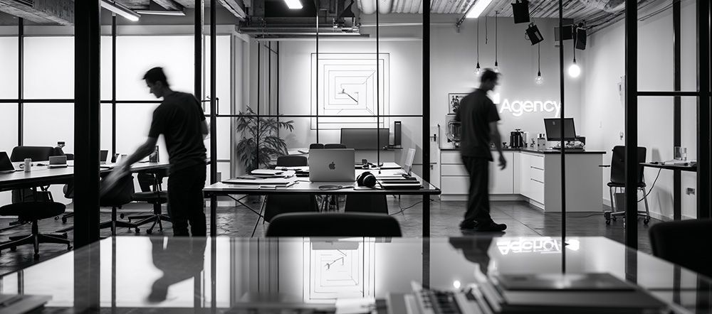 Black and white photo of an office with people working, highlighting a secure and compliant cleaning environment.