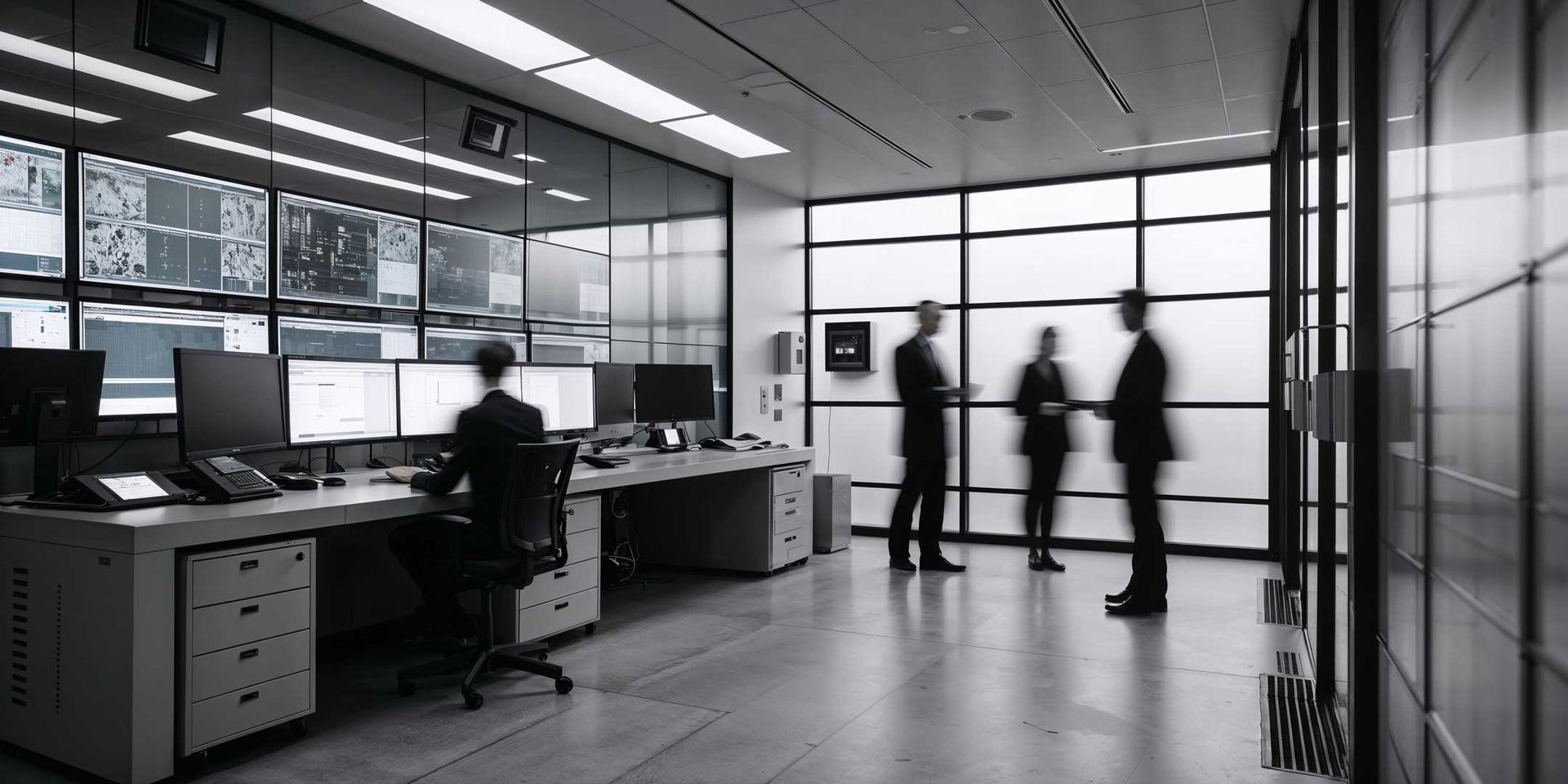 A group of people discussing in front of a computer screen displaying SSX Group's alarm integration service details.